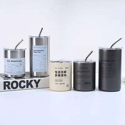 Купить Tumbler Нержавеющая сталь кофейная чашка изоляция с крышкой и соломой Американский стиль портативный снаружи с сопровождающим соломой запечатанные чашки с водой двойной стены путешествия бутылка Производство в сети