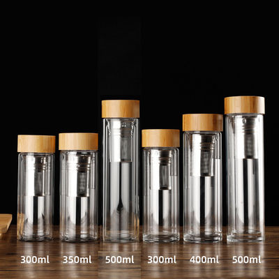 Custom Logo Leak Proof Double Wall Tea Infuser Bottle Double Insulated Glass Water Bottle With Bamboo Lid 350ml/400ml/450ml Многоразовый чайный инфузер бутылка с двойной изоляцией стеклянная бутылка с бамбуковой крышкой 350ml/400ml/450ml многоразовый экологически чистый